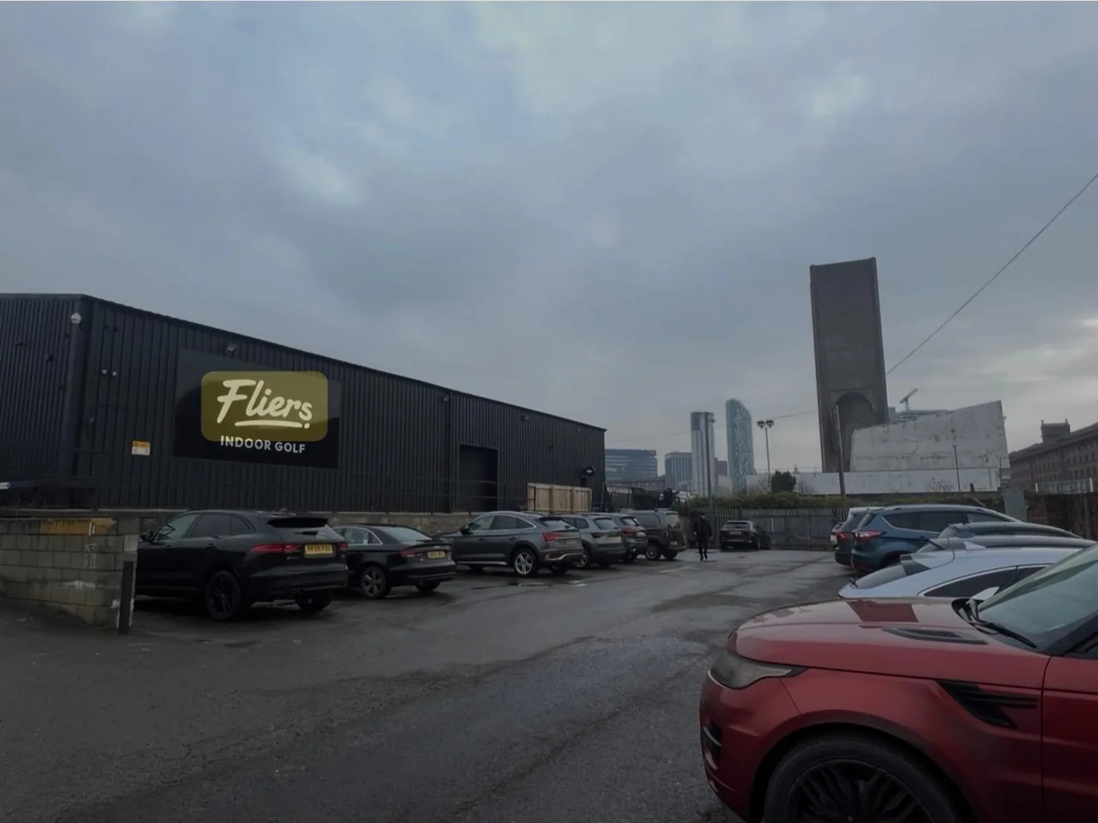 Exterior of Fliers Indoor Golf on Vandries Street, Liverpool, with free on-site parking
